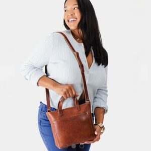 PLG PORTLAND Leather Goods “Almost Perfect” Mini Crossbody Tote Bag in Nutmeg
